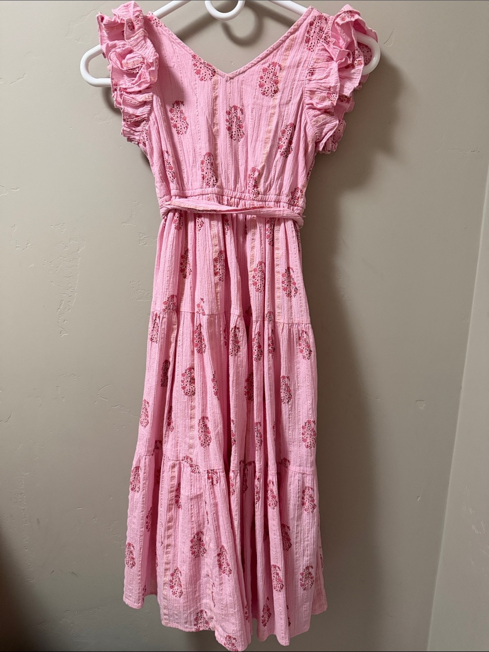 Girls' Pink Floral Tiered Maxi Dress with Ruffle Sleeves